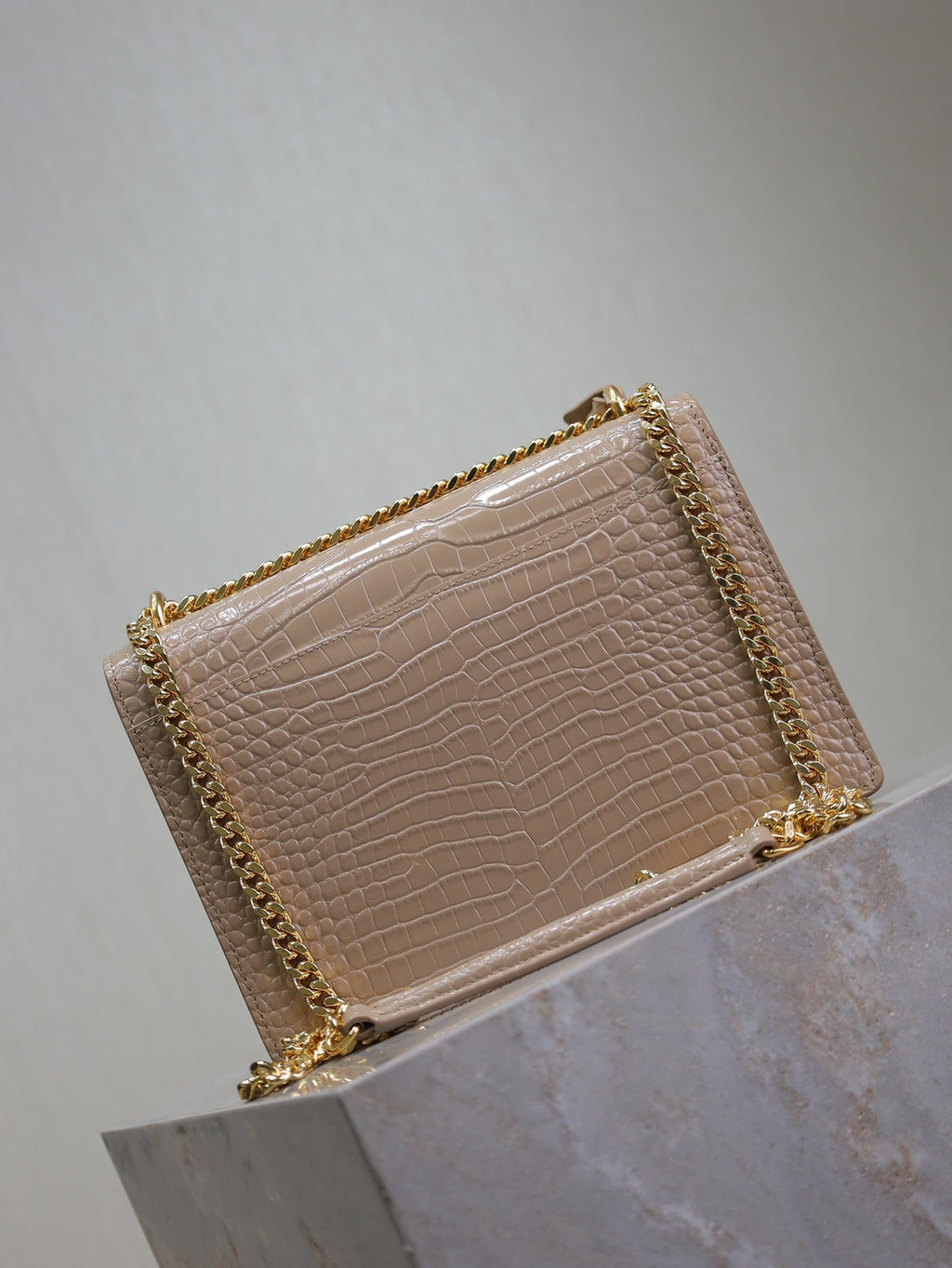 SAINT LAURENT YSL 25S SUNSET MEDIUM 22 IN NUDE CROCODILE-EMBOSSED SHINY CALFSKIN GOLD HARDWRE