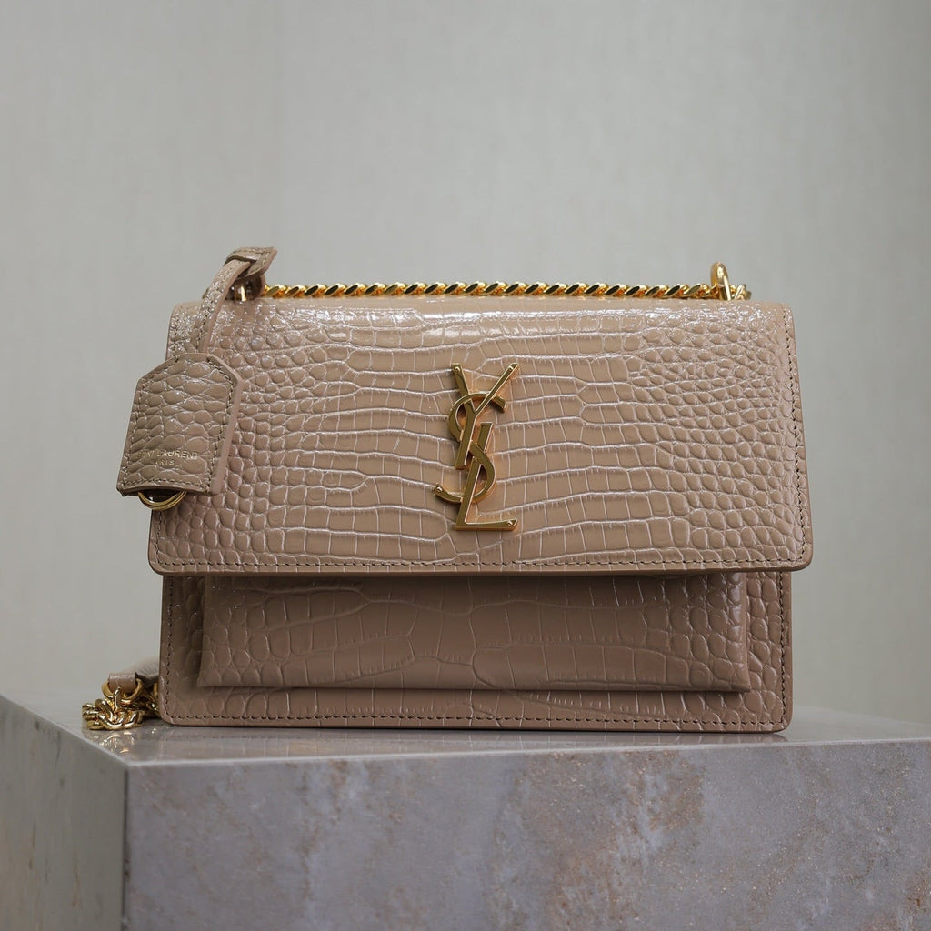 SAINT LAURENT YSL 25S SUNSET MEDIUM 22 IN NUDE CROCODILE-EMBOSSED SHINY CALFSKIN GOLD HARDWRE