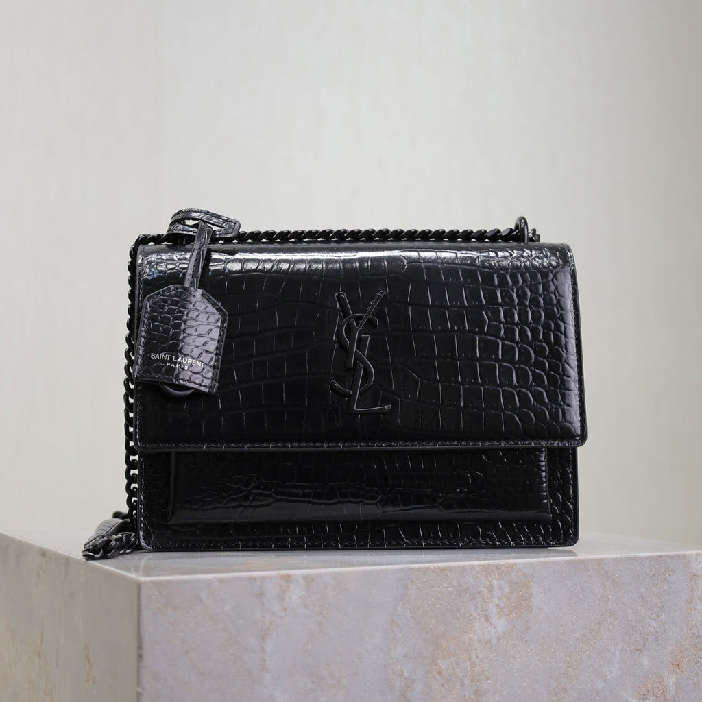 SAINT LAURENT YSL 25S SUNSET MEDIUM 22 IN BLACK CROCODILE-EMBOSSED SHINY CALFSKIN BLACK HARDWRE