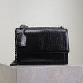 SAINT LAURENT YSL 25S SUNSET MEDIUM 22 IN BLACK CROCODILE-EMBOSSED SHINY CALFSKIN BLACK HARDWRE