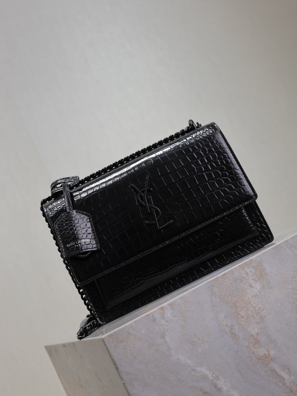 SAINT LAURENT YSL 25S SUNSET MEDIUM 22 IN BLACK CROCODILE-EMBOSSED SHINY CALFSKIN BLACK HARDWRE