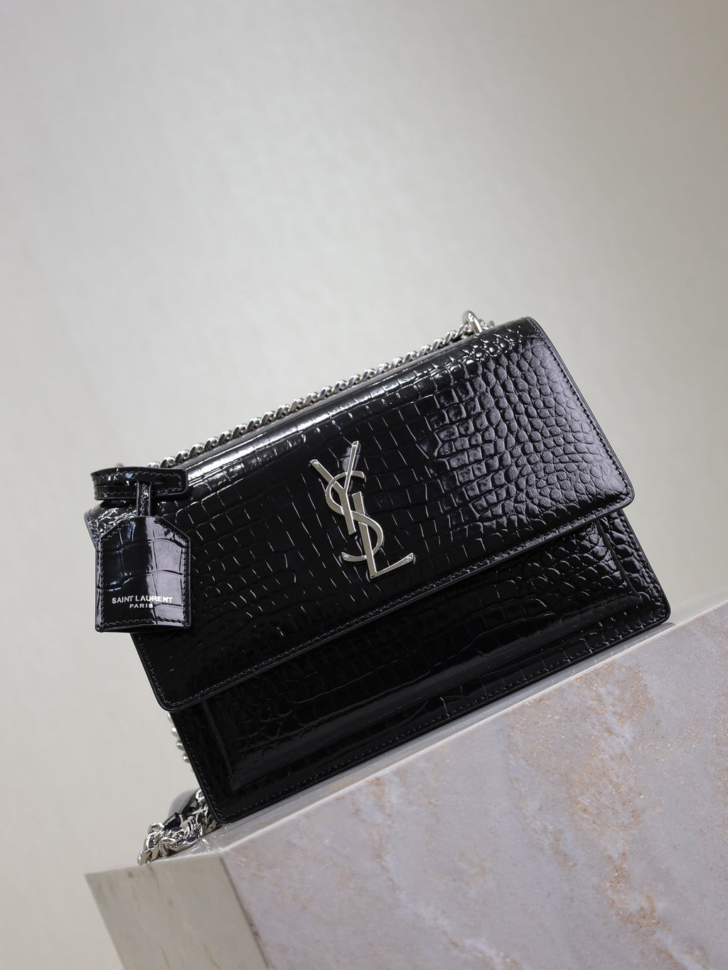 SAINT LAURENT YSL 25S SUNSET MEDIUM 22 IN BLACK CROCODILE-EMBOSSED SHINY CALFSKIN SILVER HARDWRE