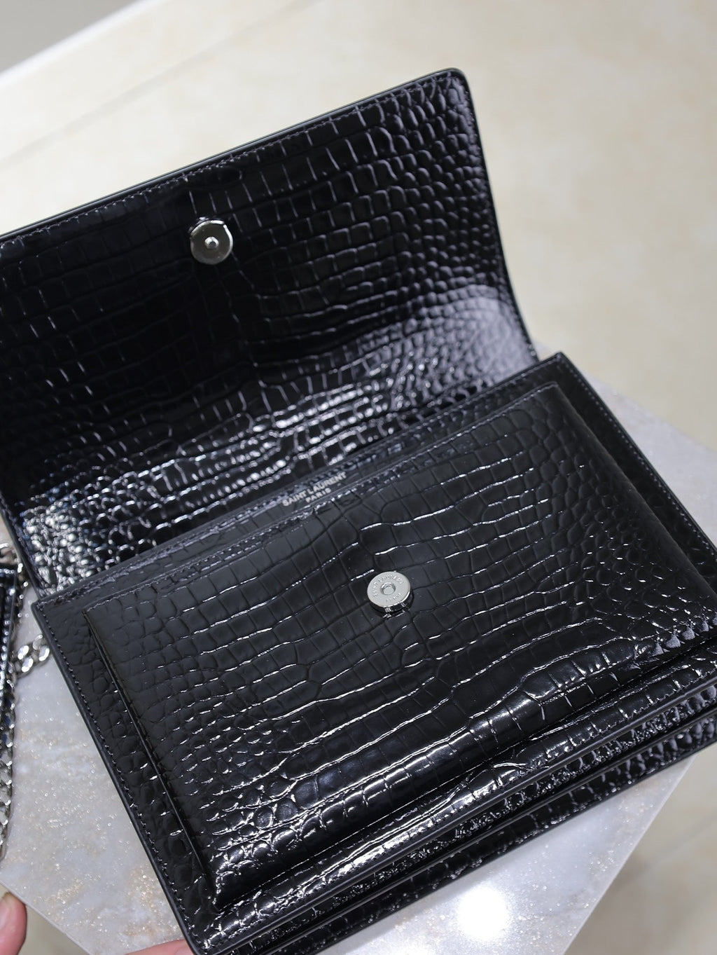 SAINT LAURENT YSL 25S SUNSET MEDIUM 22 IN BLACK CROCODILE-EMBOSSED SHINY CALFSKIN SILVER HARDWRE