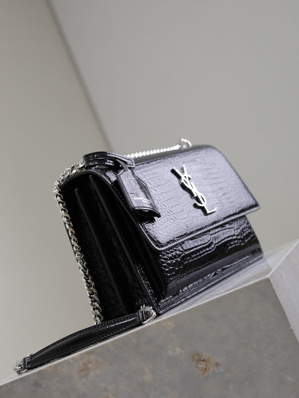 SAINT LAURENT YSL 25S SUNSET MEDIUM 22 IN BLACK CROCODILE-EMBOSSED SHINY CALFSKIN SILVER HARDWRE