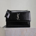 SAINT LAURENT YSL 25S SUNSET MEDIUM 22 IN BLACK CROCODILE-EMBOSSED SHINY CALFSKIN SILVER HARDWRE