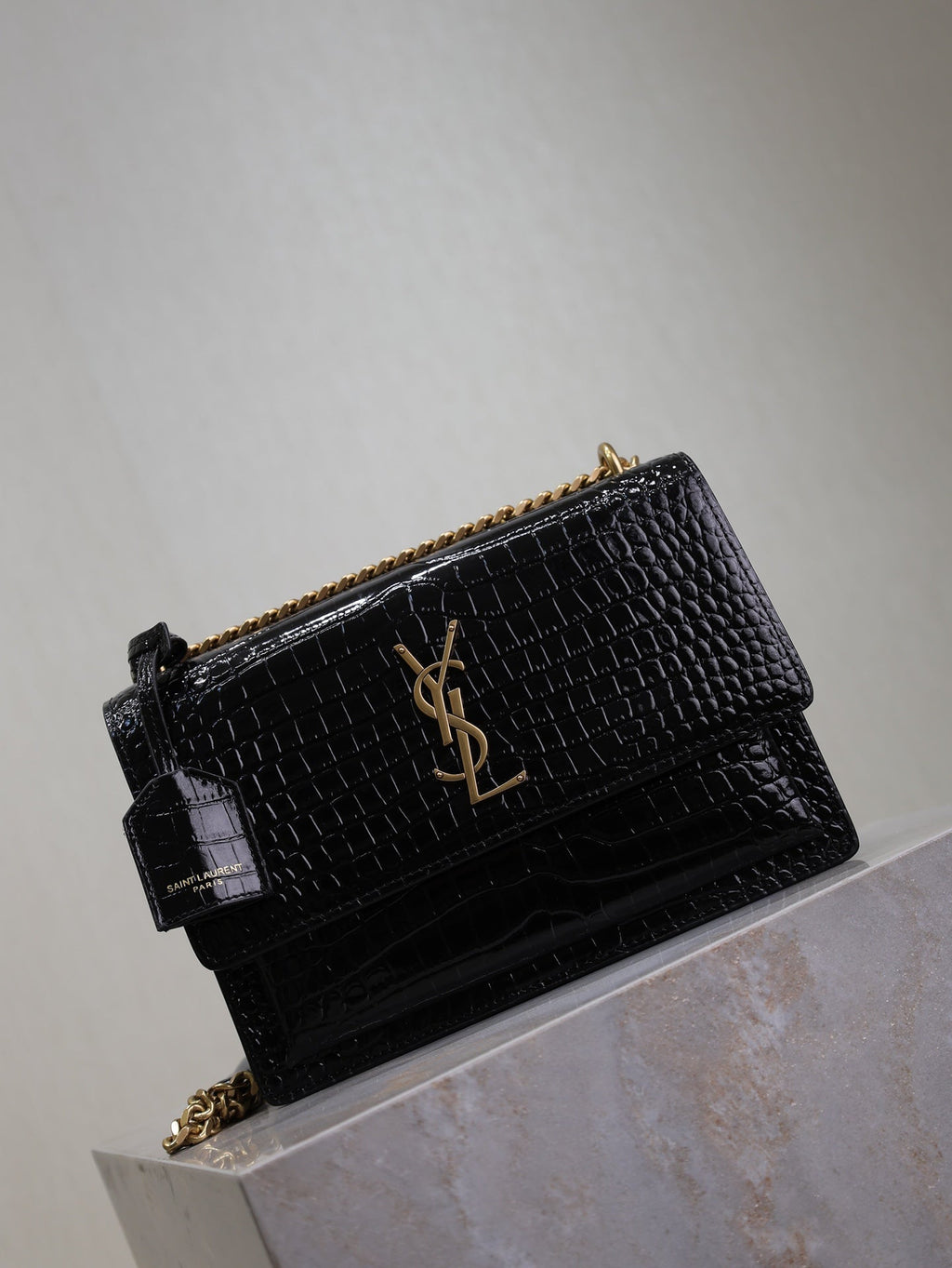 SAINT LAURENT YSL 25S SUNSET MEDIUM 22 IN BLACK CROCODILE-EMBOSSED SHINY CALFSKIN GOLD HARDWRE