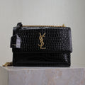 SAINT LAURENT YSL 25S SUNSET MEDIUM 22 IN BLACK CROCODILE-EMBOSSED SHINY CALFSKIN GOLD HARDWRE
