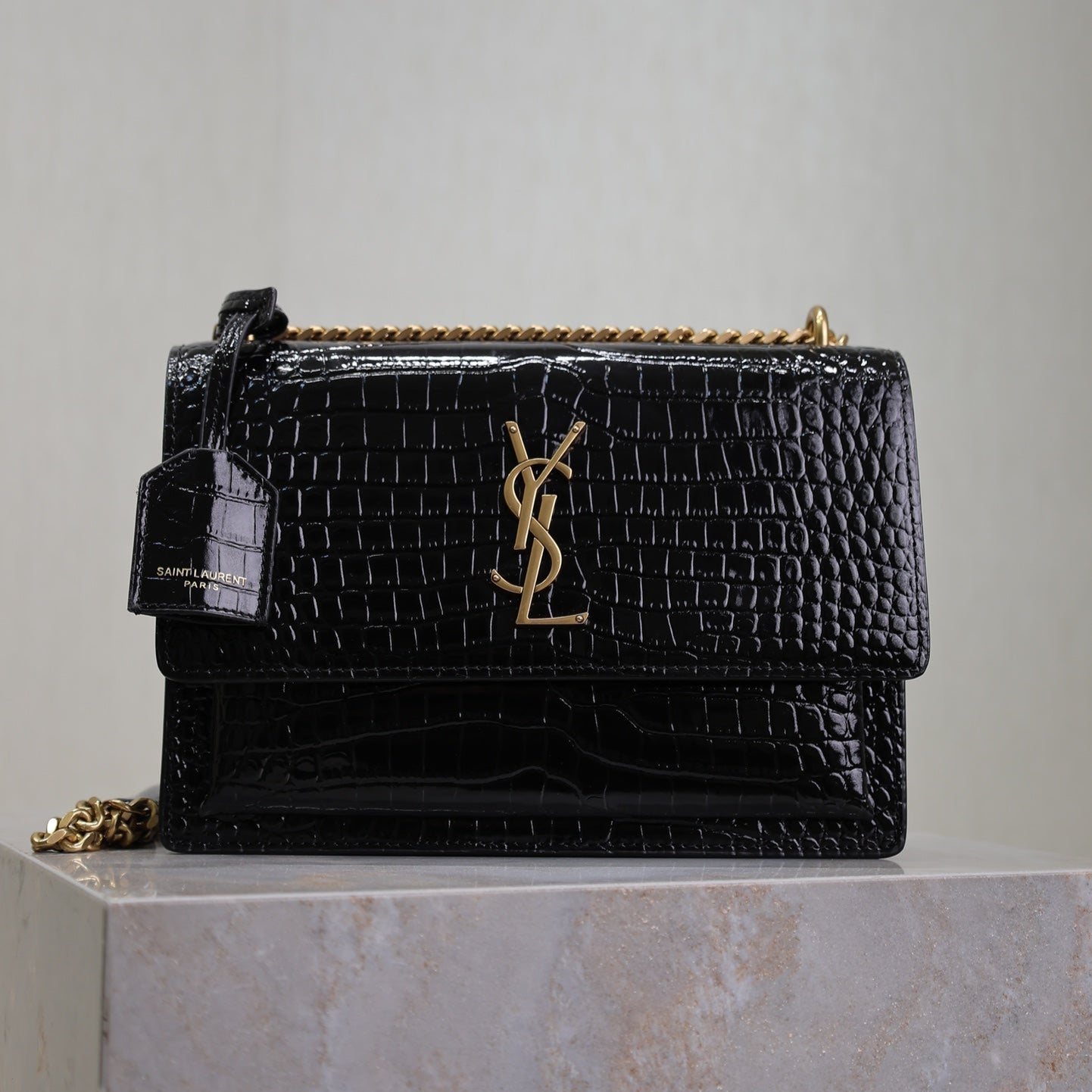 SAINT LAURENT YSL 25S SUNSET MEDIUM 22 IN BLACK CROCODILE-EMBOSSED SHINY CALFSKIN GOLD HARDWRE