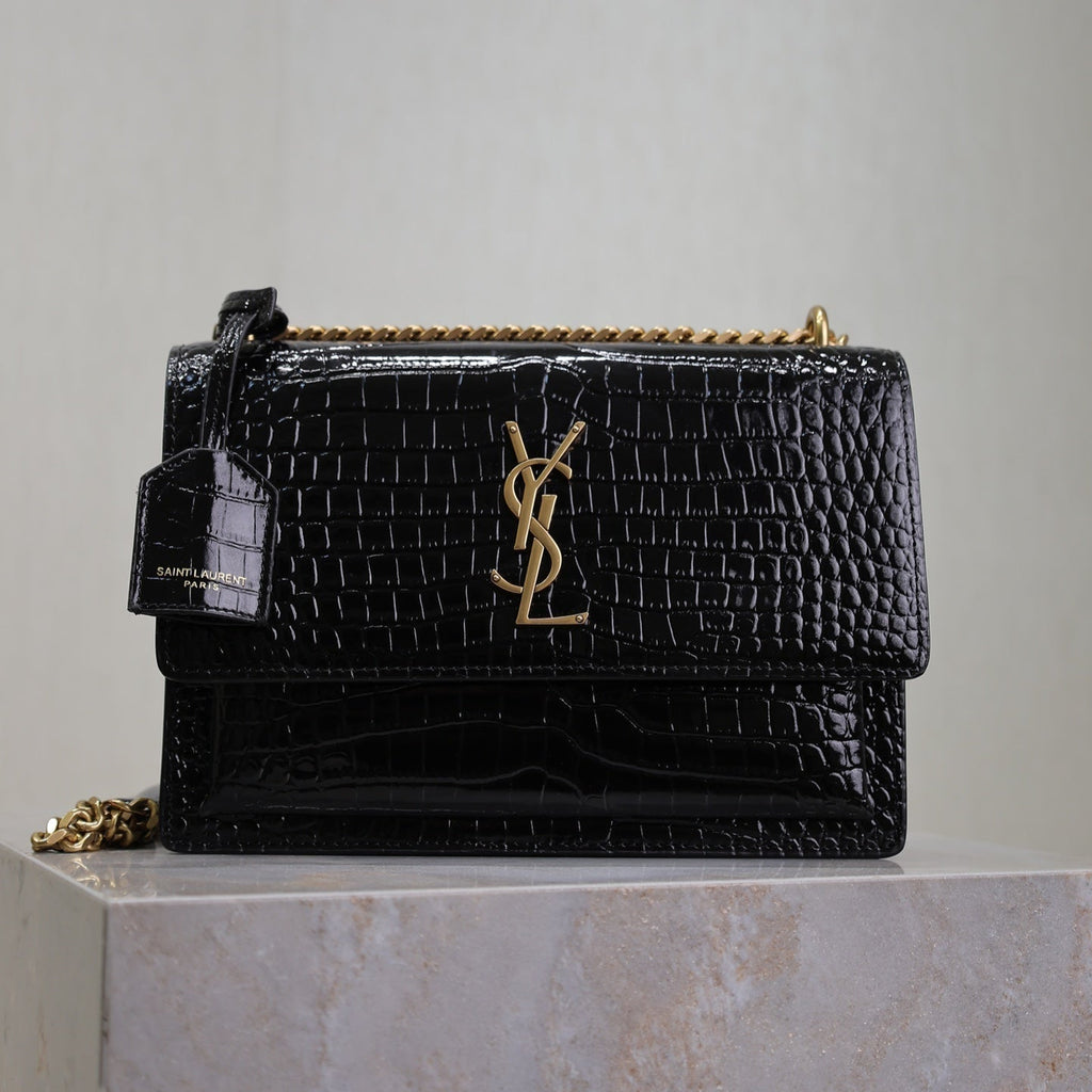 SAINT LAURENT YSL 25S SUNSET MEDIUM 22 IN BLACK CROCODILE-EMBOSSED SHINY CALFSKIN GOLD HARDWARE