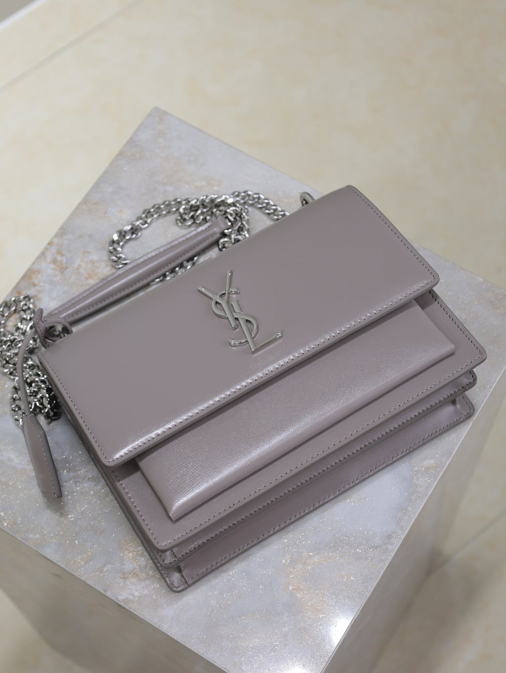 SAINT LAURENT YSL 25S SUNSET BAG 22 IN DARK PURPLE CALFSKIN SILVER HARDWRE