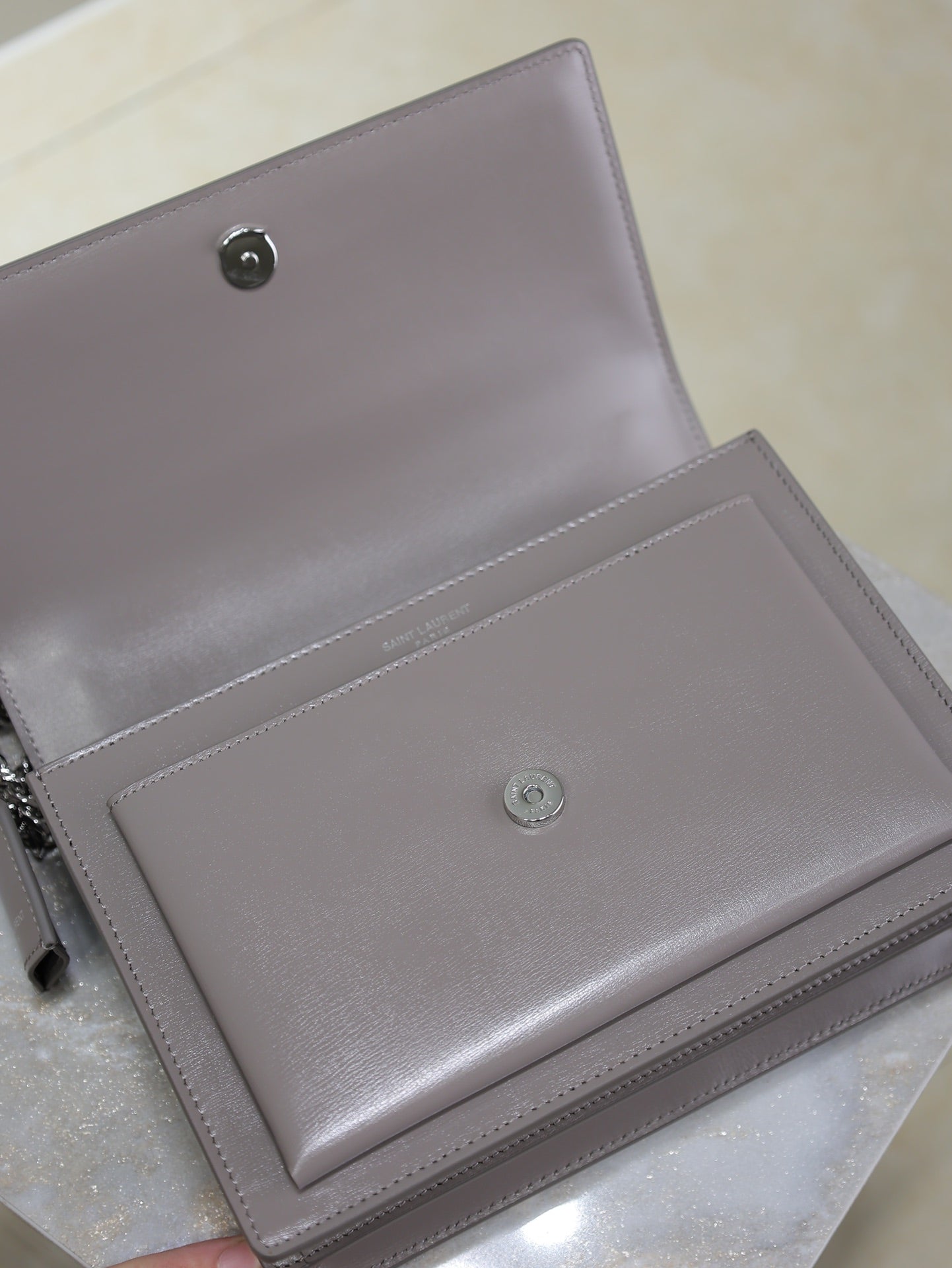 SAINT LAURENT YSL 25S SUNSET BAG 22 IN DARK PURPLE CALFSKIN SILVER HARDWRE