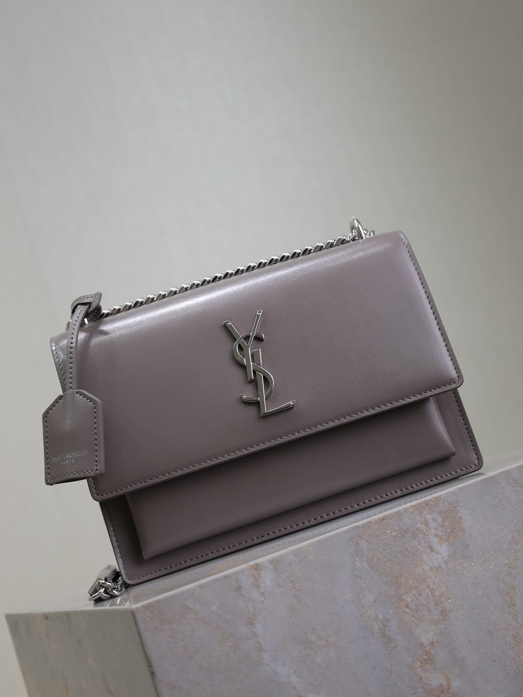SAINT LAURENT YSL 25S SUNSET BAG 22 IN DARK PURPLE CALFSKIN SILVER HARDWRE