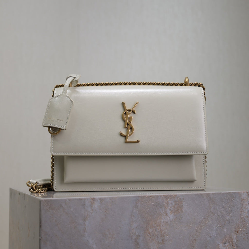 SAINT LAURENT YSL 25S SUNSET BAG 22 IN IVORY CALFSKIN GOLD HARDWRE