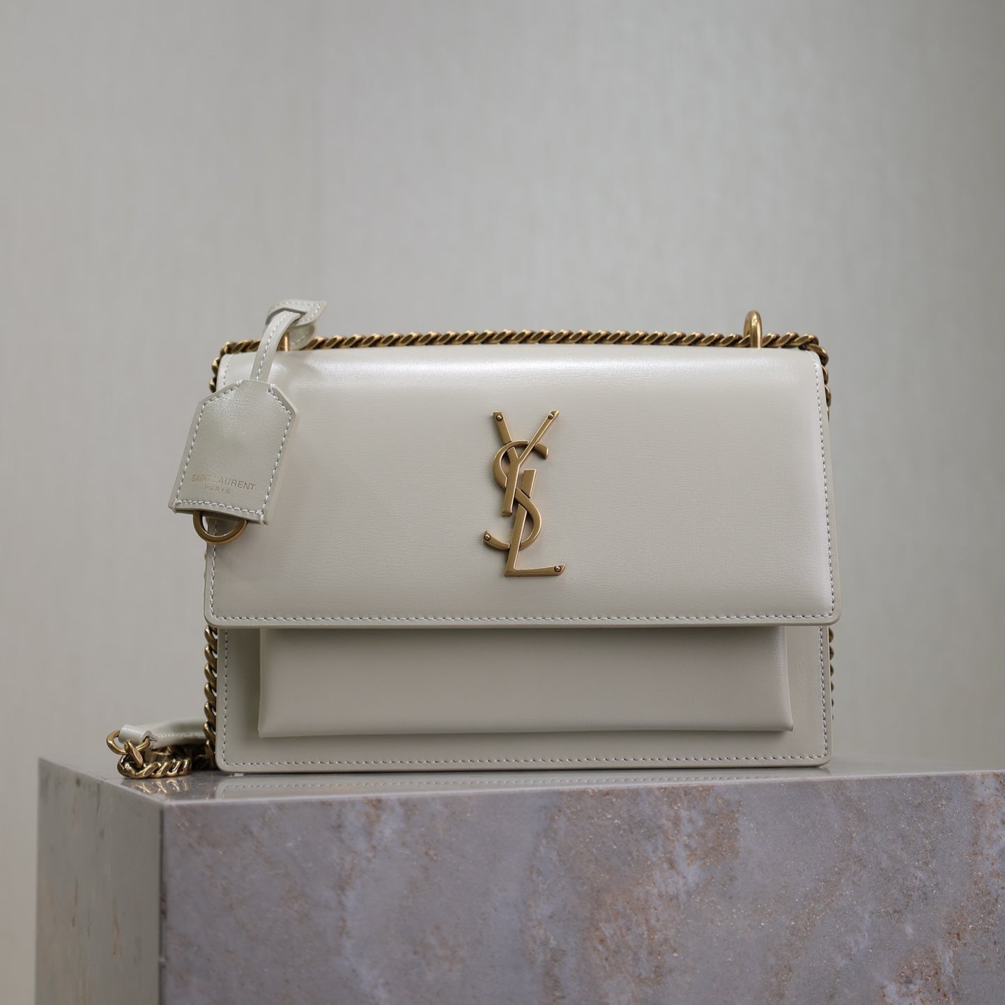 SAINT LAURENT YSL 25S SUNSET BAG 22 IN IVORY CALFSKIN GOLD HARDWRE