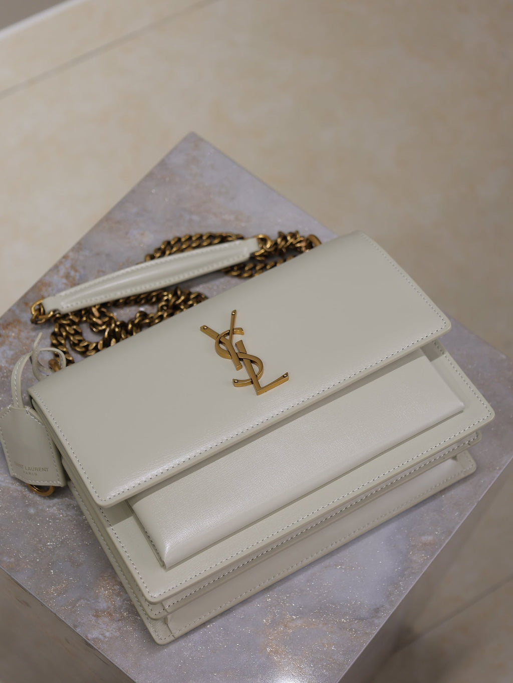 SAINT LAURENT YSL 25S SUNSET BAG 22 IN IVORY CALFSKIN GOLD HARDWRE