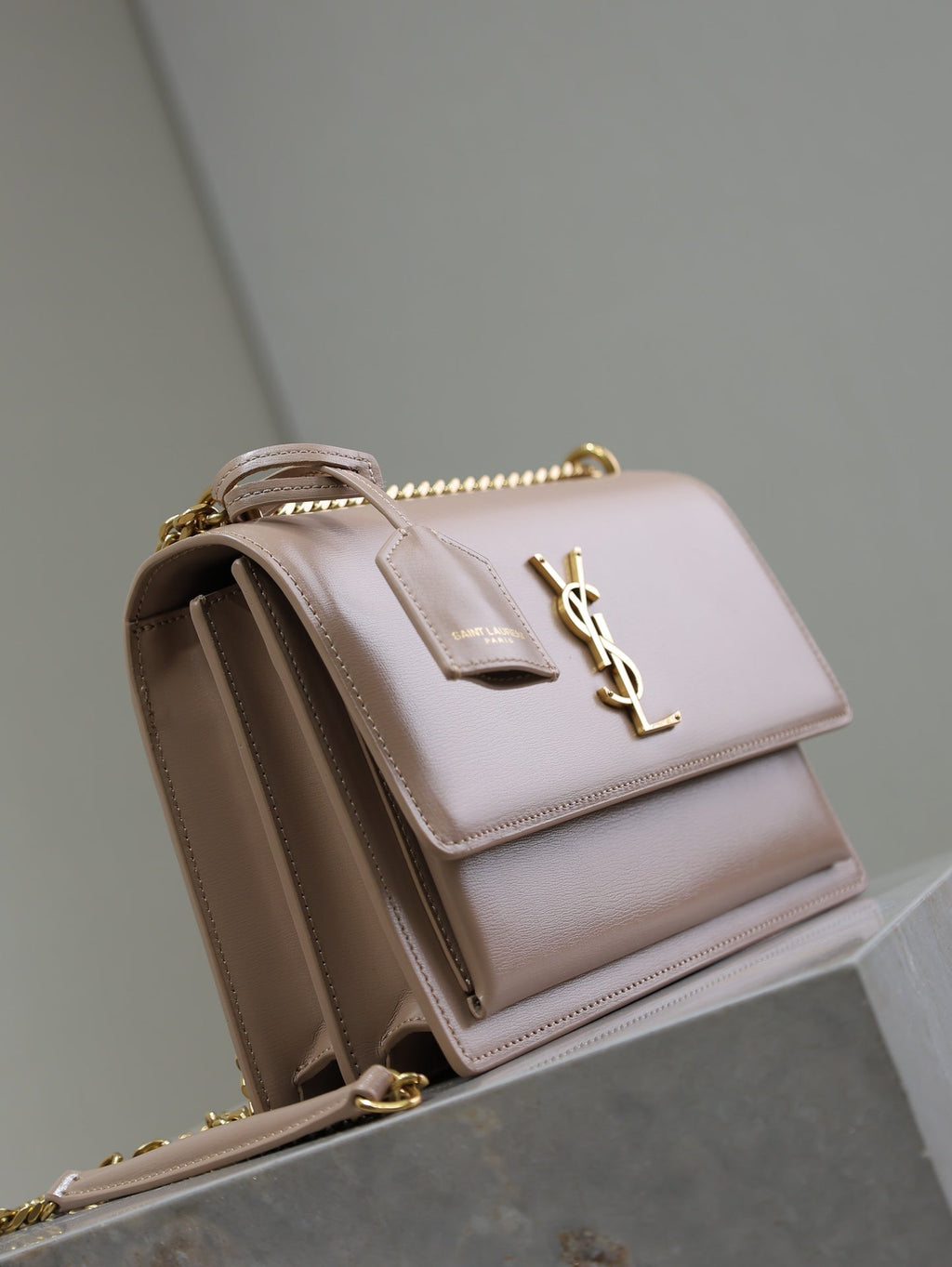 SAINT LAURENT YSL 25S SUNSET BAG 22 IN WARM TAUPE PINK CALFSKIN GOLD HARDWRE