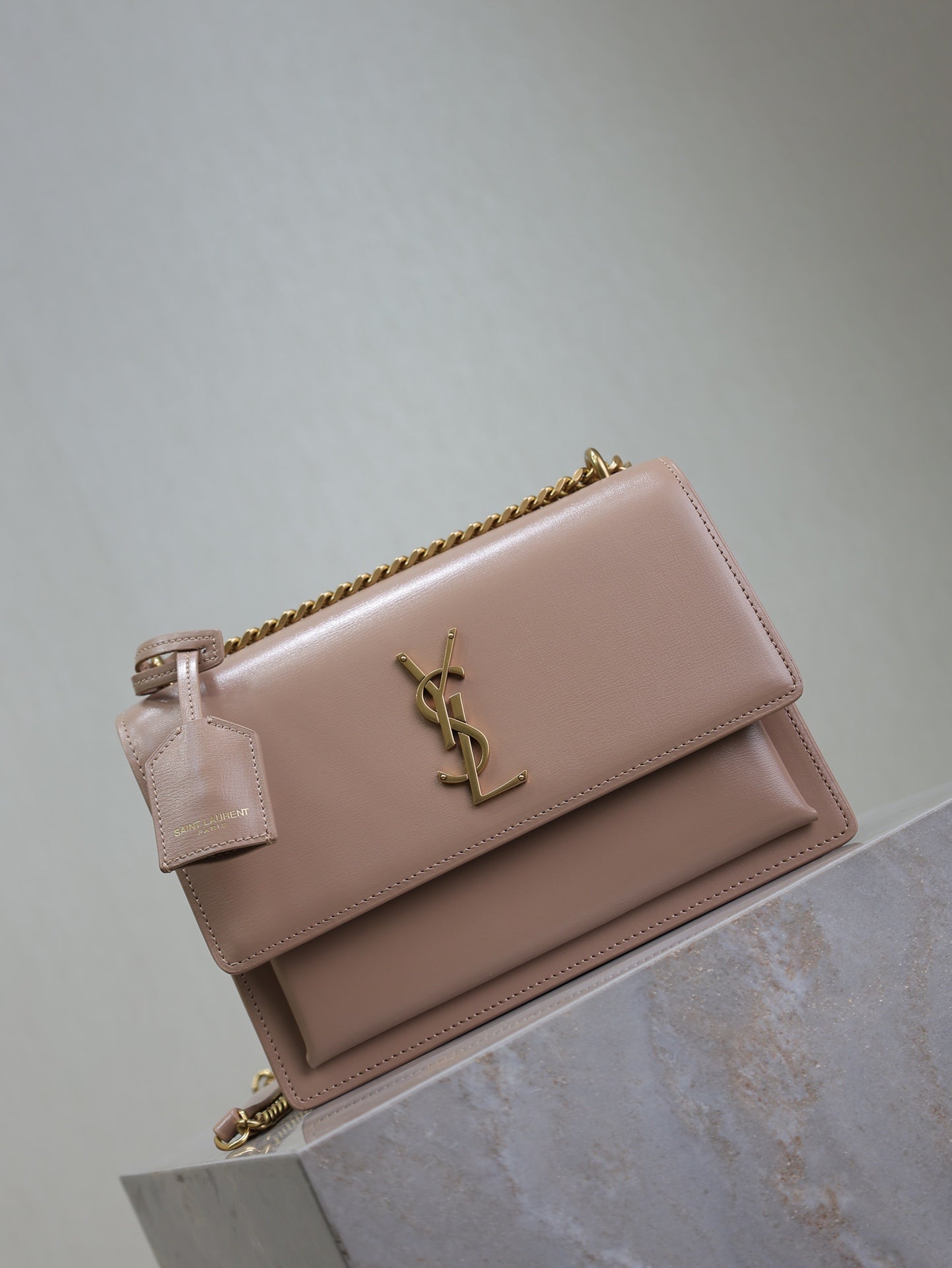 SAINT LAURENT YSL 25S SUNSET BAG 22 IN WARM TAUPE PINK CALFSKIN GOLD HARDWRE