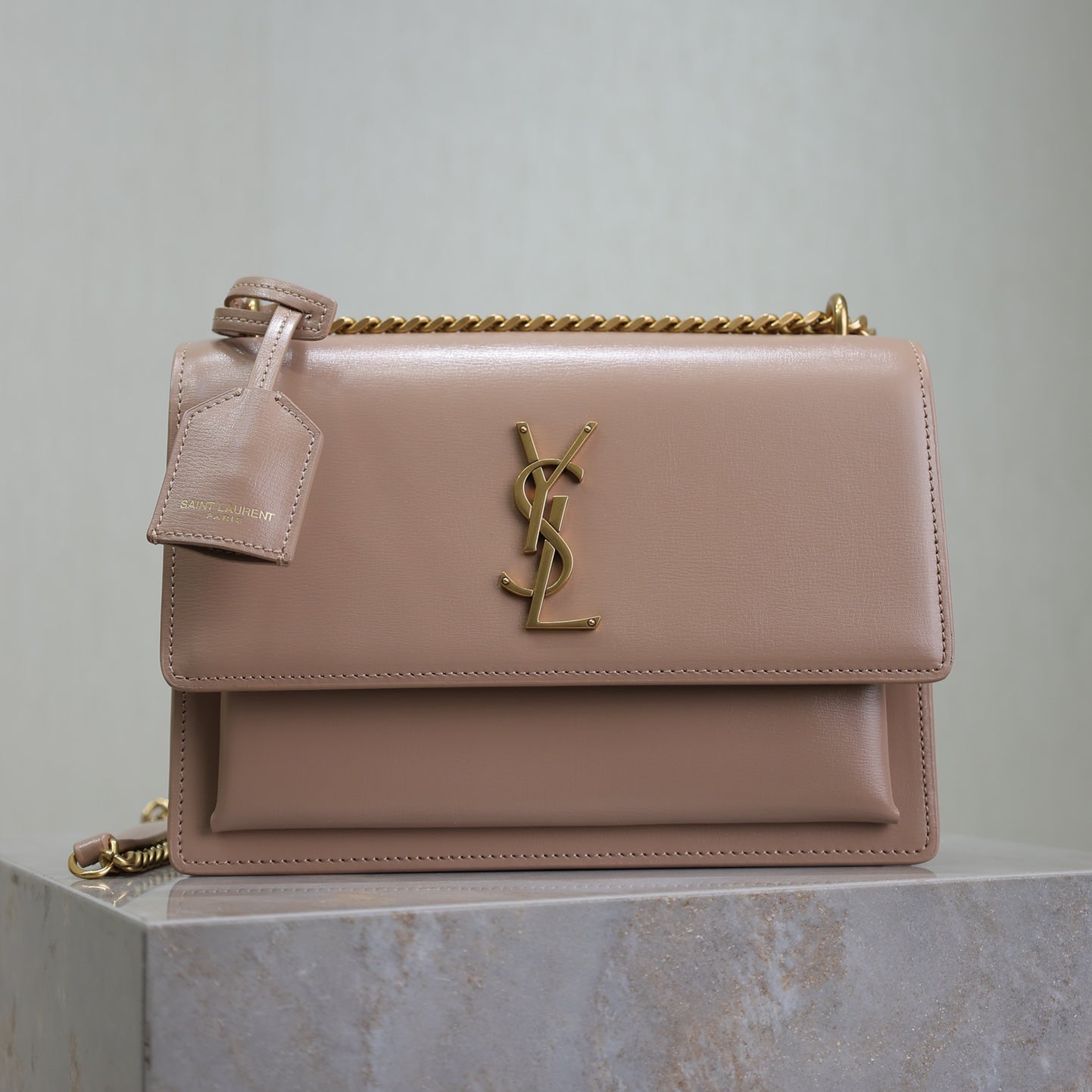 SAINT LAURENT YSL 25S SUNSET BAG 22 IN WARM TAUPE PINK CALFSKIN GOLD HARDWRE