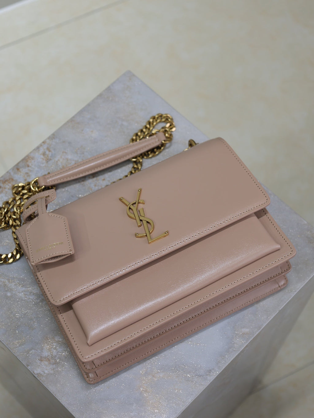 SAINT LAURENT YSL 25S SUNSET BAG 22 IN WARM TAUPE PINK CALFSKIN GOLD HARDWRE