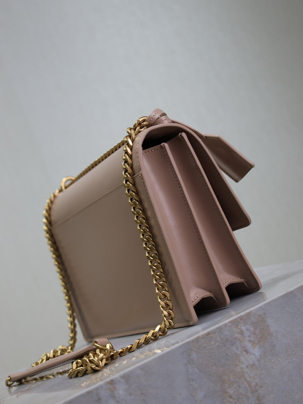 SAINT LAURENT YSL 25S SUNSET BAG 22 IN WARM TAUPE PINK CALFSKIN GOLD HARDWRE