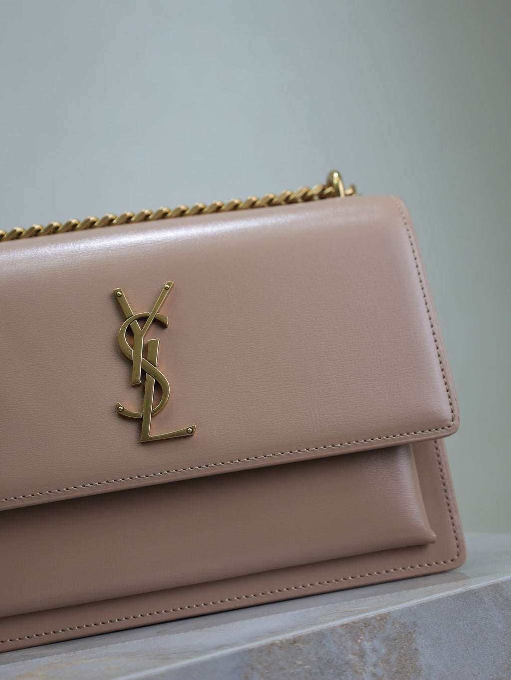 SAINT LAURENT YSL 25S SUNSET BAG 22 IN WARM TAUPE PINK CALFSKIN GOLD HARDWRE
