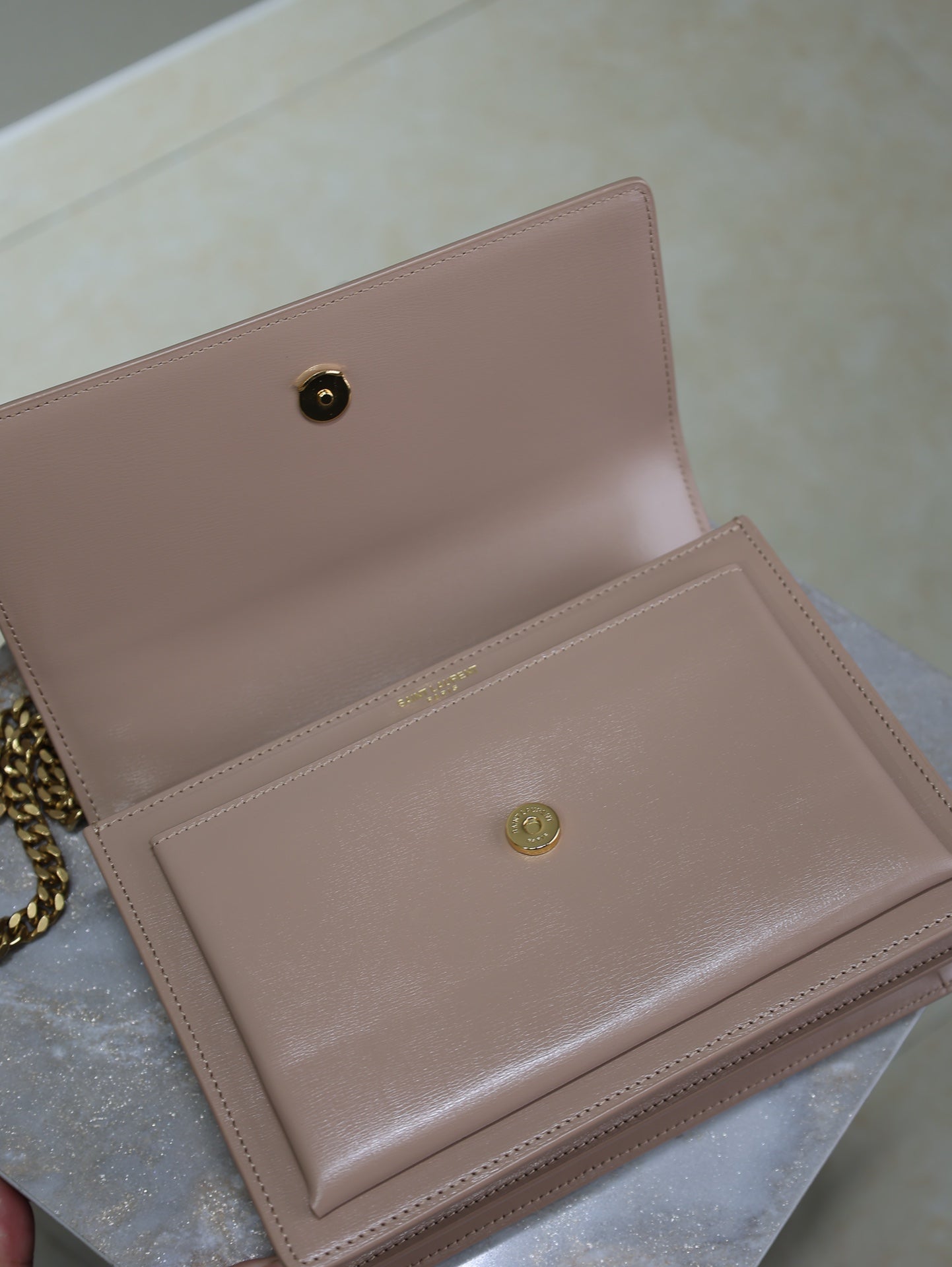 SAINT LAURENT YSL 25S SUNSET BAG 22 IN WARM TAUPE PINK CALFSKIN GOLD HARDWRE