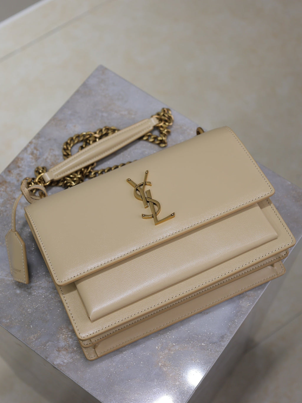 SAINT LAURENT YSL 25S SUNSET BAG 22 IN NUDE CALFSKIN GOLD HARDWRE