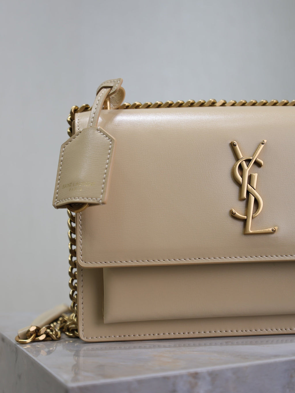 SAINT LAURENT YSL 25S SUNSET BAG 22 IN NUDE CALFSKIN GOLD HARDWRE