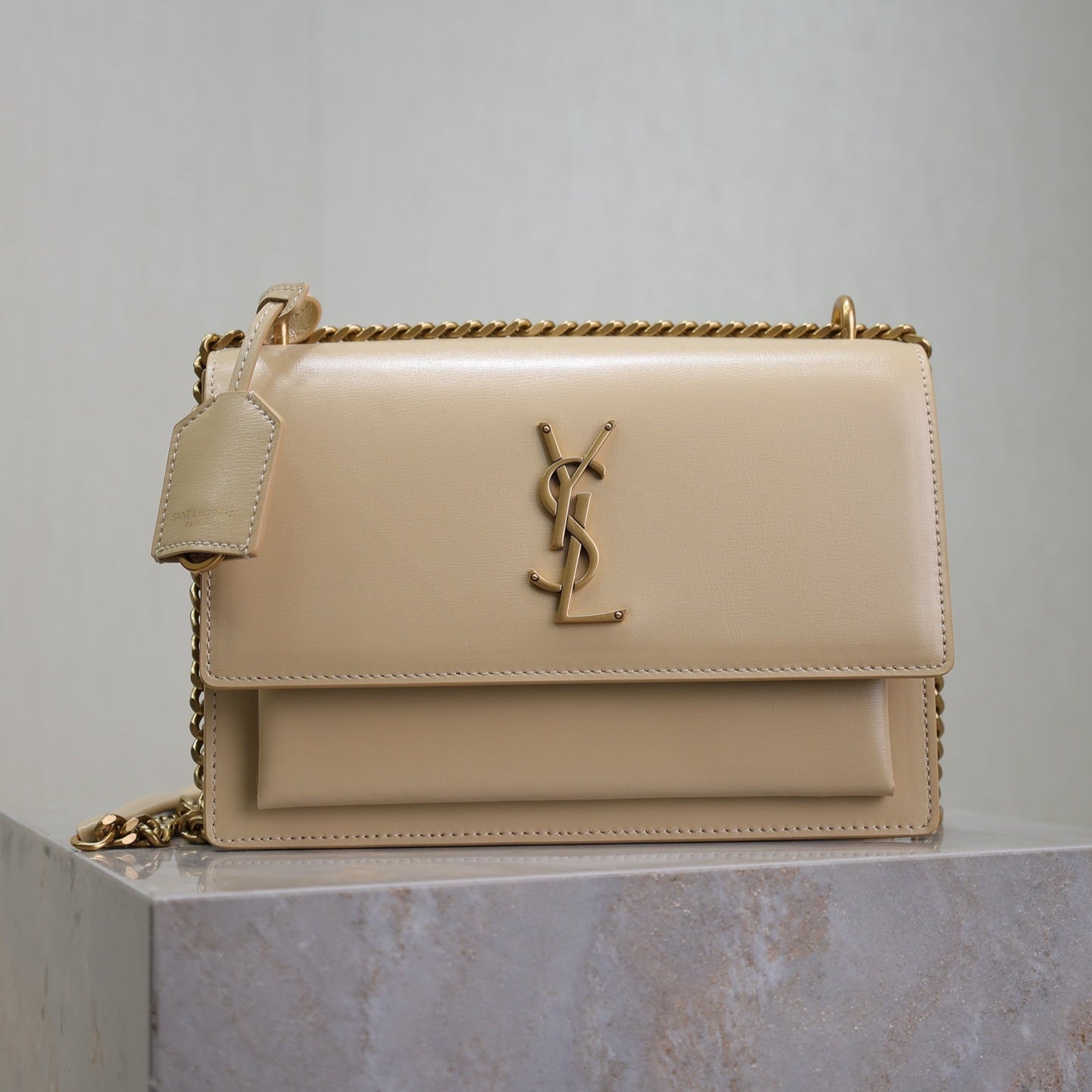 SAINT LAURENT YSL 25S SUNSET BAG 22 IN NUDE CALFSKIN GOLD HARDWRE
