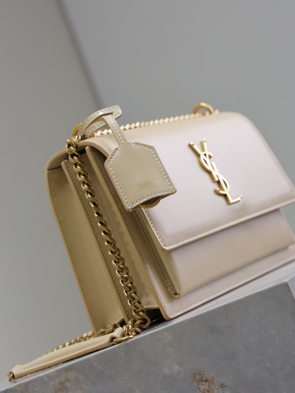 SAINT LAURENT YSL 25S SUNSET BAG 22 IN NUDE CALFSKIN GOLD HARDWRE