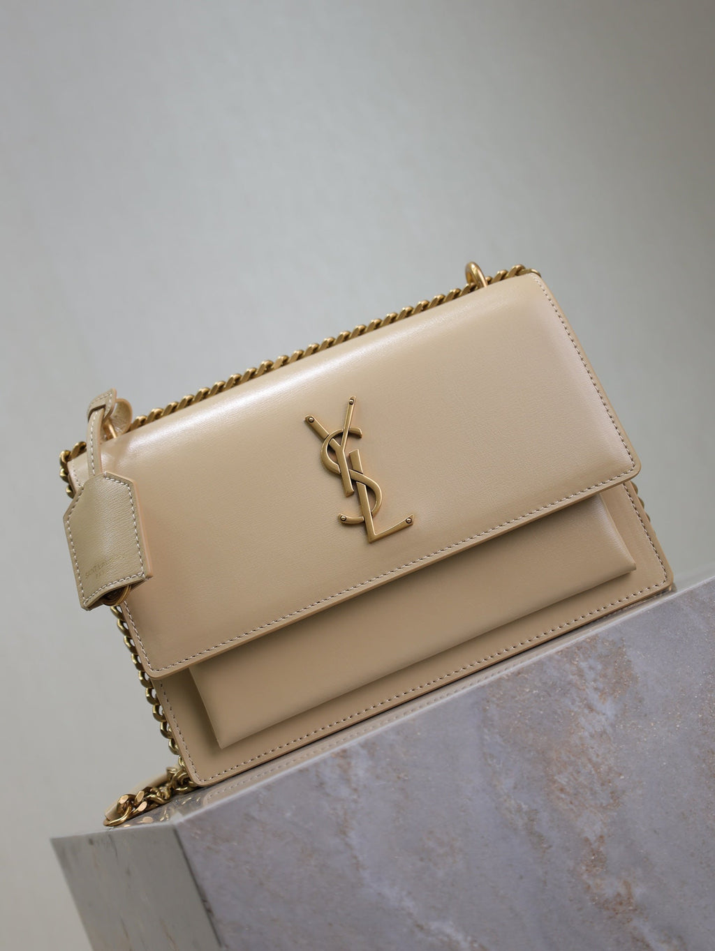 SAINT LAURENT YSL 25S SUNSET BAG 22 IN NUDE CALFSKIN GOLD HARDWRE