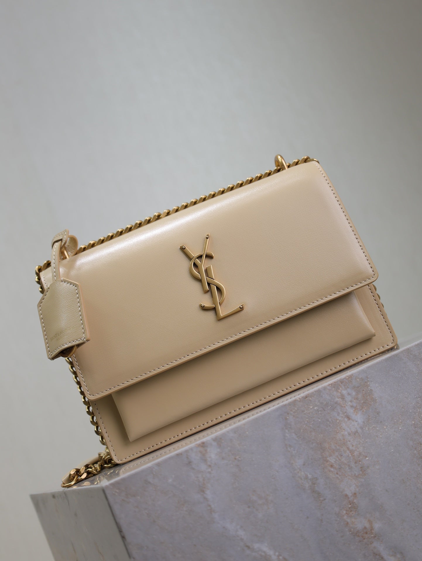 SAINT LAURENT YSL 25S SUNSET BAG 22 IN NUDE CALFSKIN GOLD HARDWRE