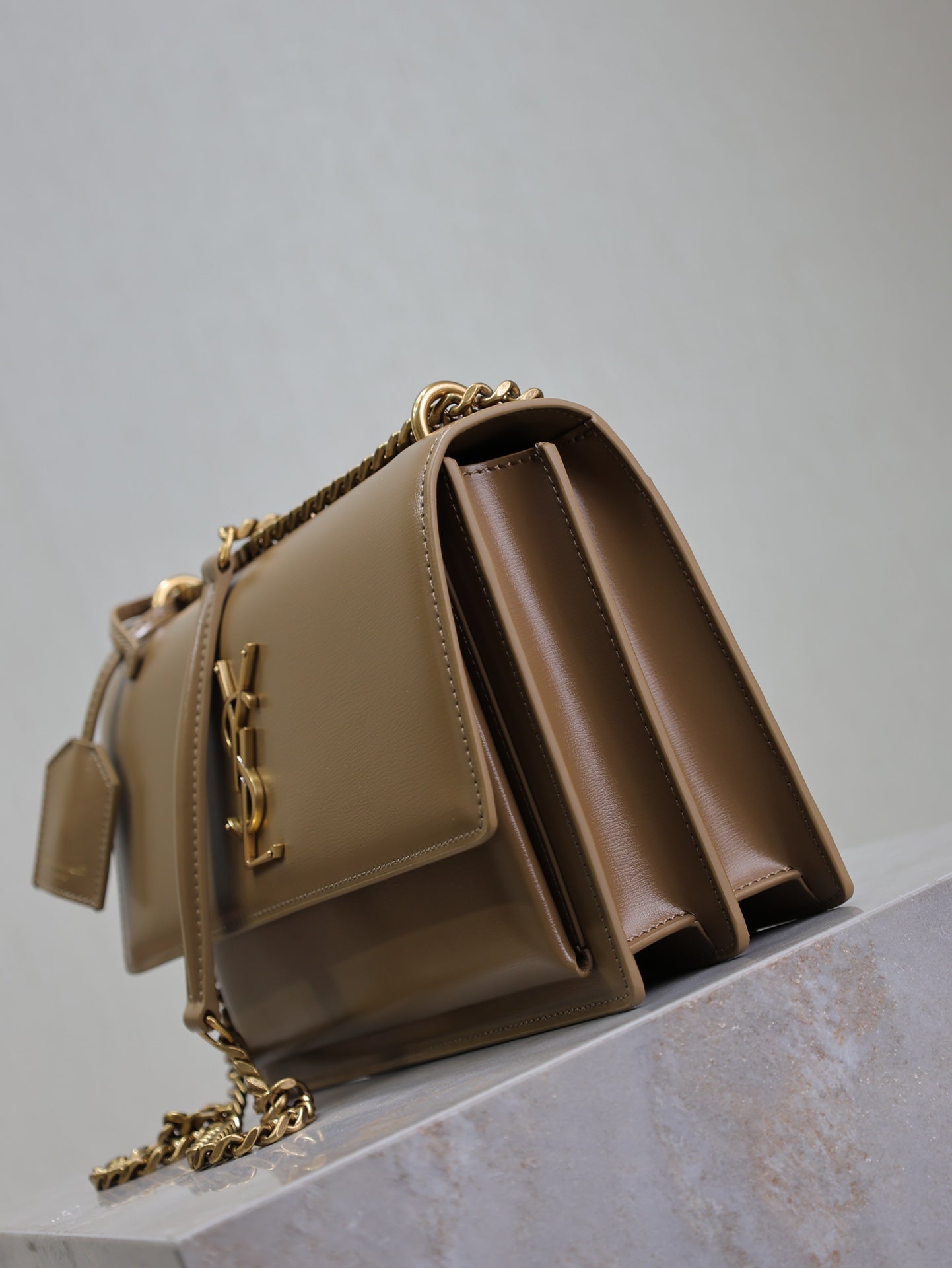 SAINT LAURENT YSL 25S SUNSET BAG 22 IN BROWN CALFSKIN GOLD HARDWRE
