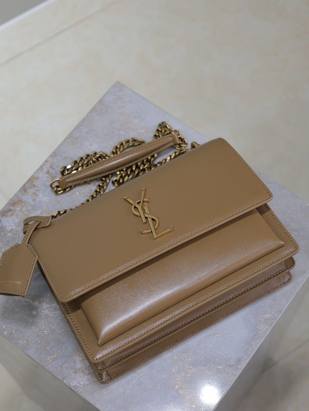 SAINT LAURENT YSL 25S SUNSET BAG 22 IN BROWN CALFSKIN GOLD HARDWRE