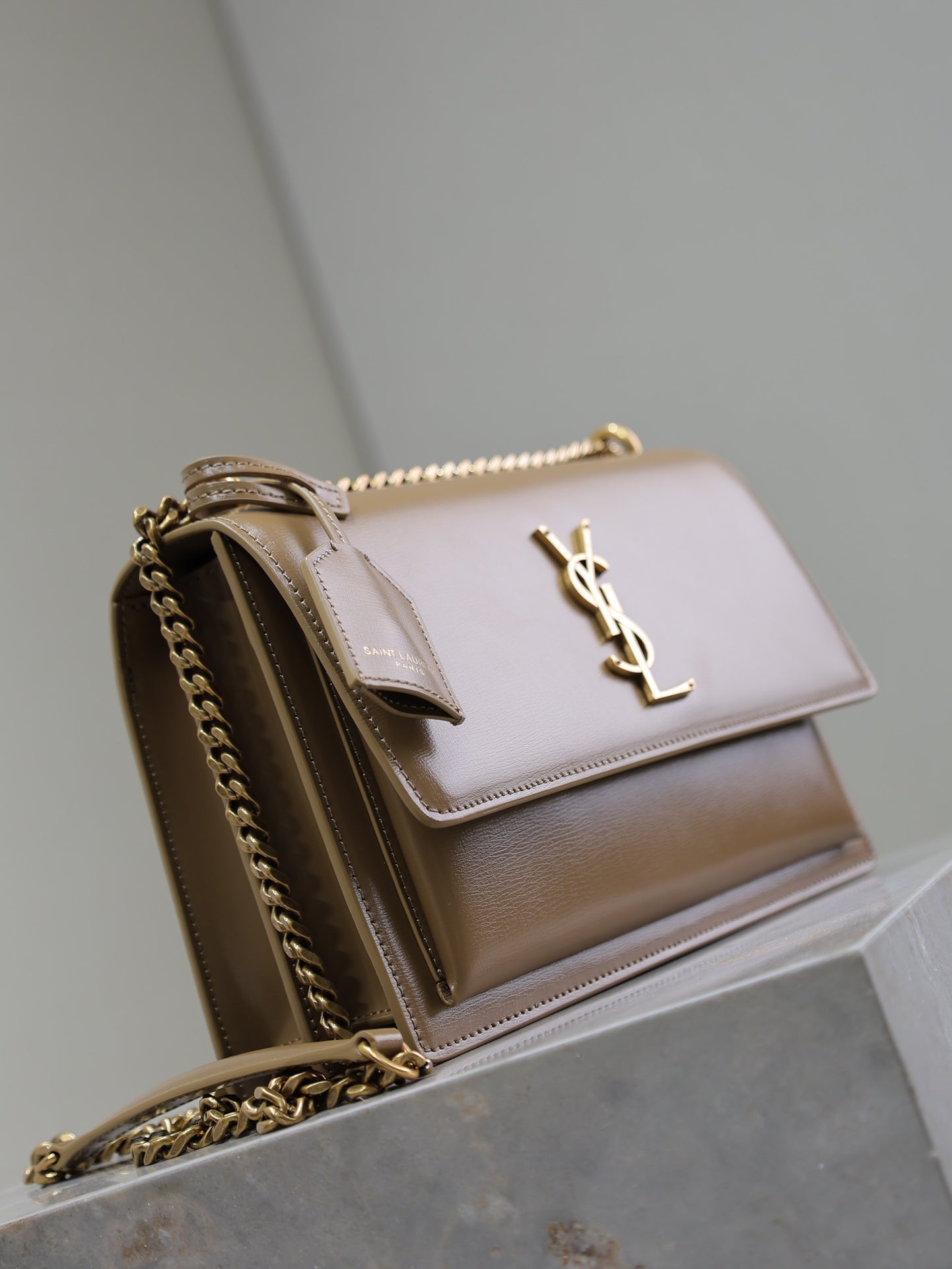 SAINT LAURENT YSL 25S SUNSET BAG 22 IN BROWN CALFSKIN GOLD HARDWRE