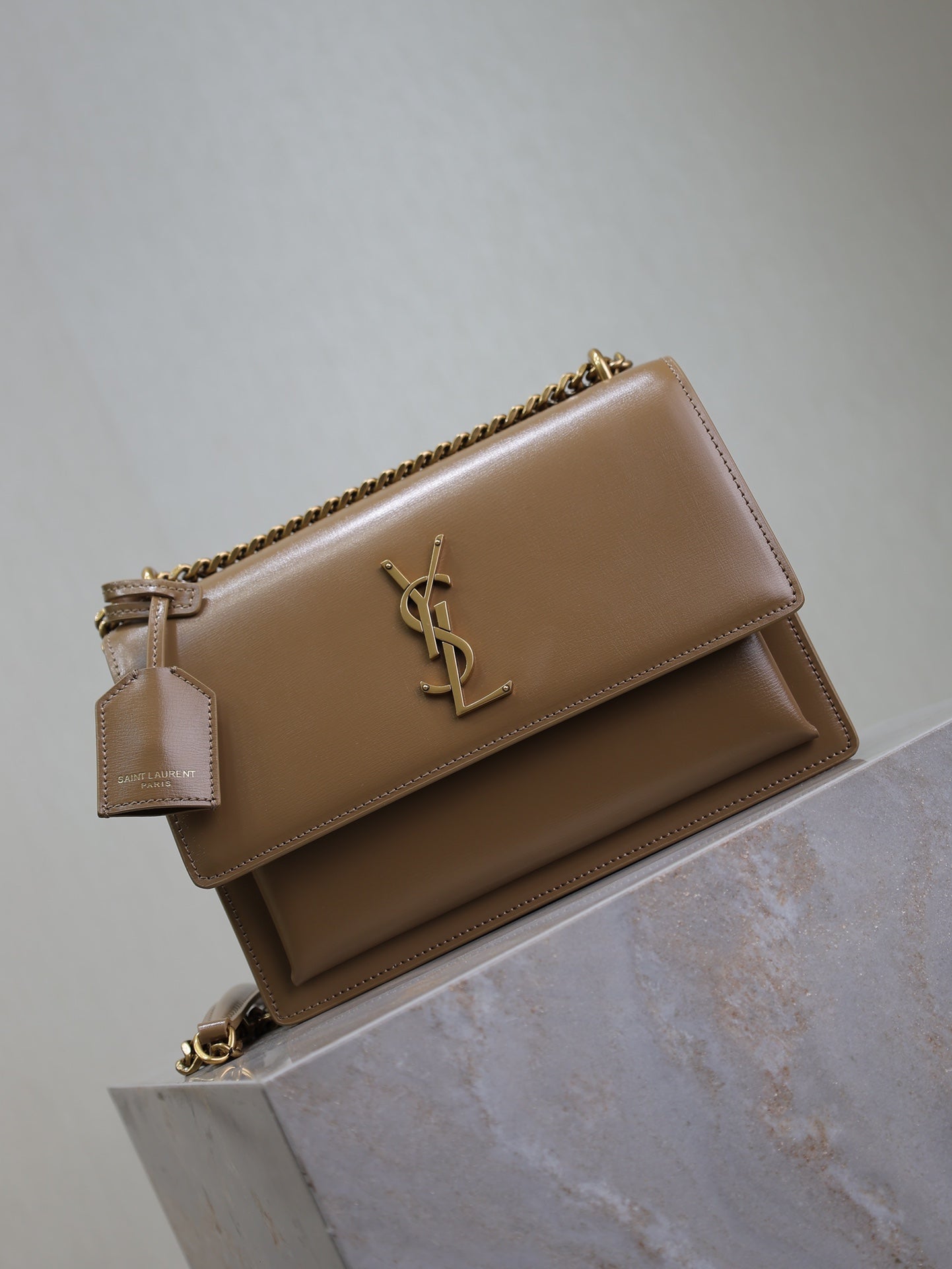 SAINT LAURENT YSL 25S SUNSET BAG 22 IN BROWN CALFSKIN GOLD HARDWRE