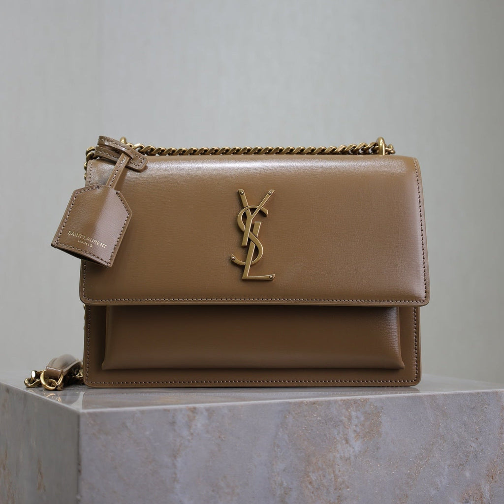 SAINT LAURENT YSL 25S SUNSET BAG 22 IN BROWN CALFSKIN GOLD HARDWARE