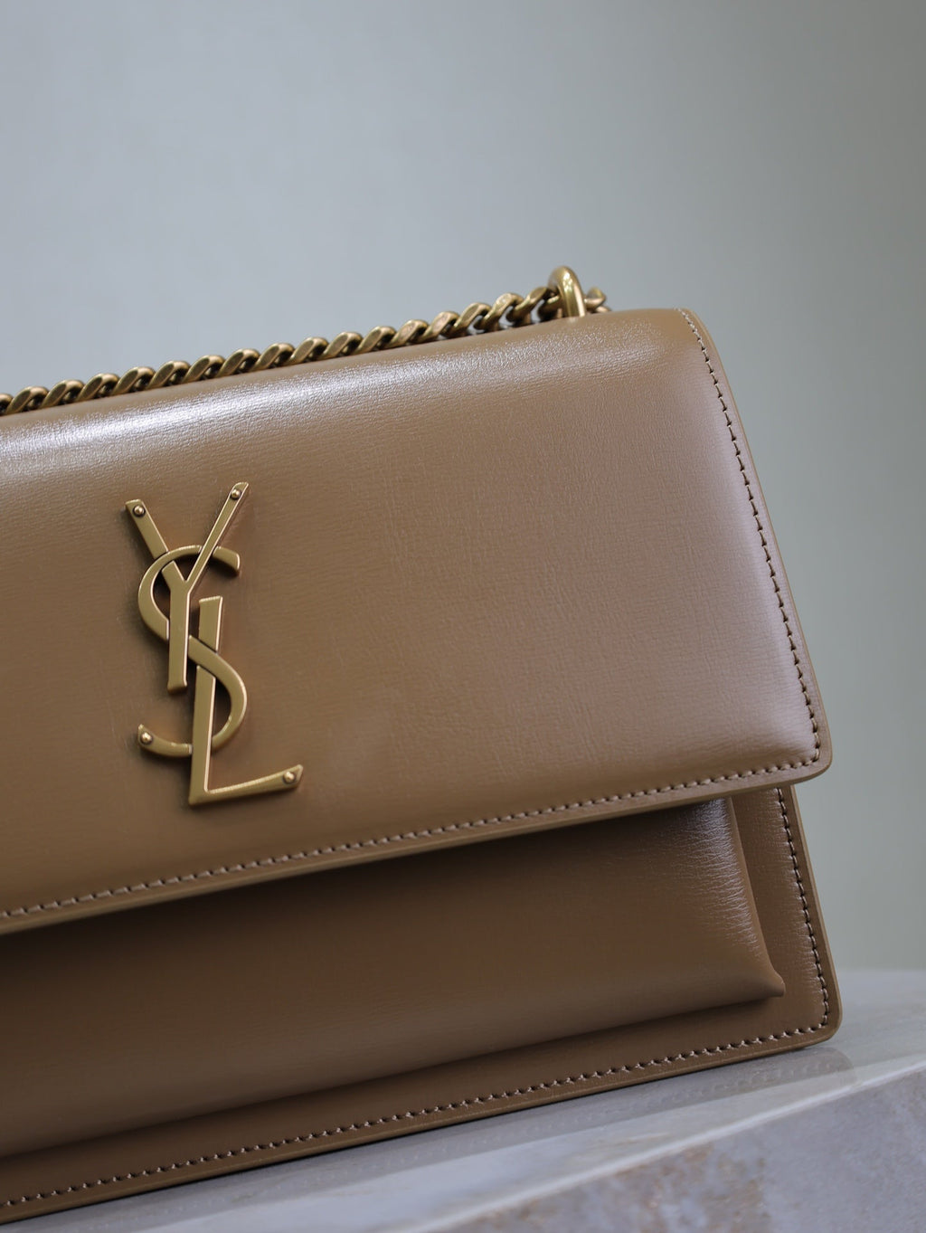 SAINT LAURENT YSL 25S SUNSET BAG 22 IN BROWN CALFSKIN GOLD HARDWRE