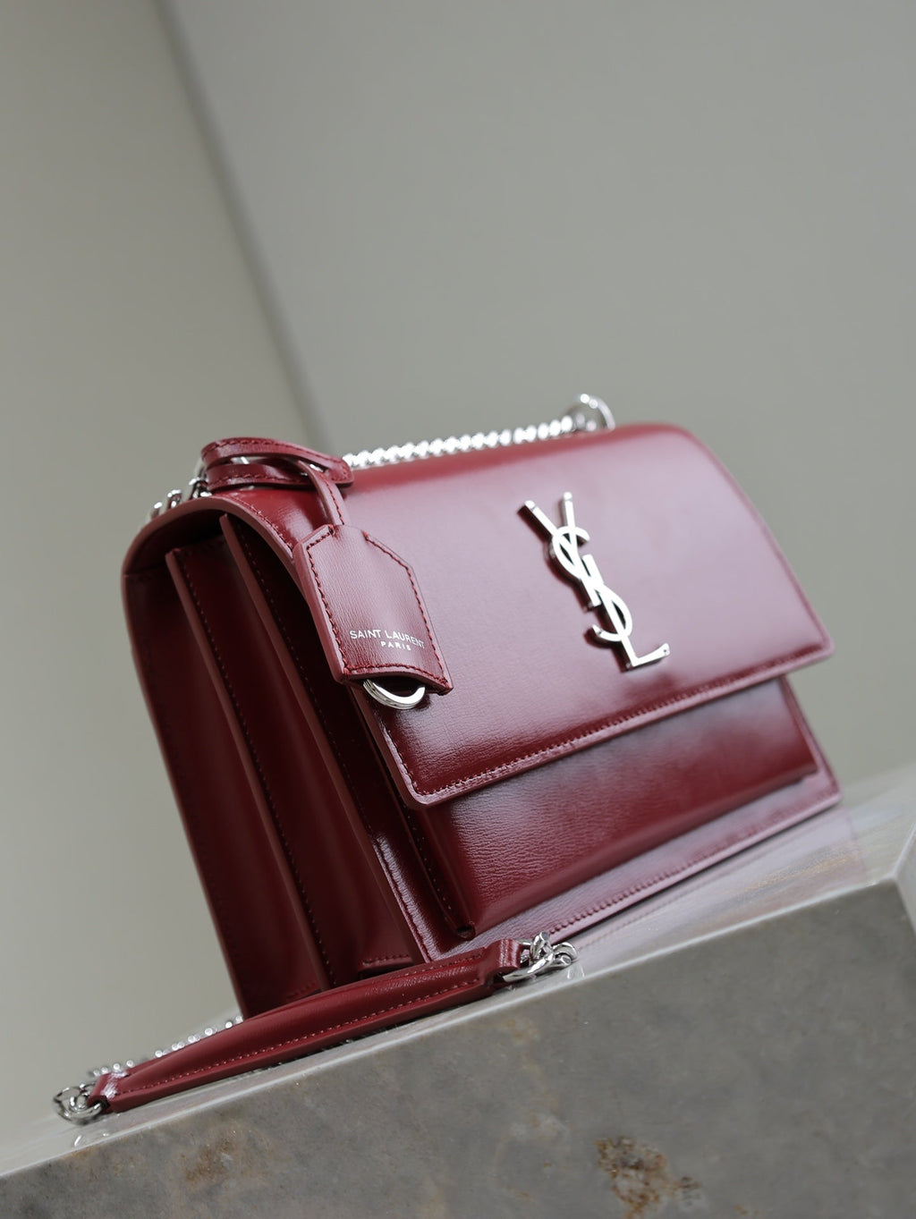 SAINT LAURENT YSL 25S SUNSET BAG 22 IN CRIMSON RED CALFSKIN SILVER HARDWRE