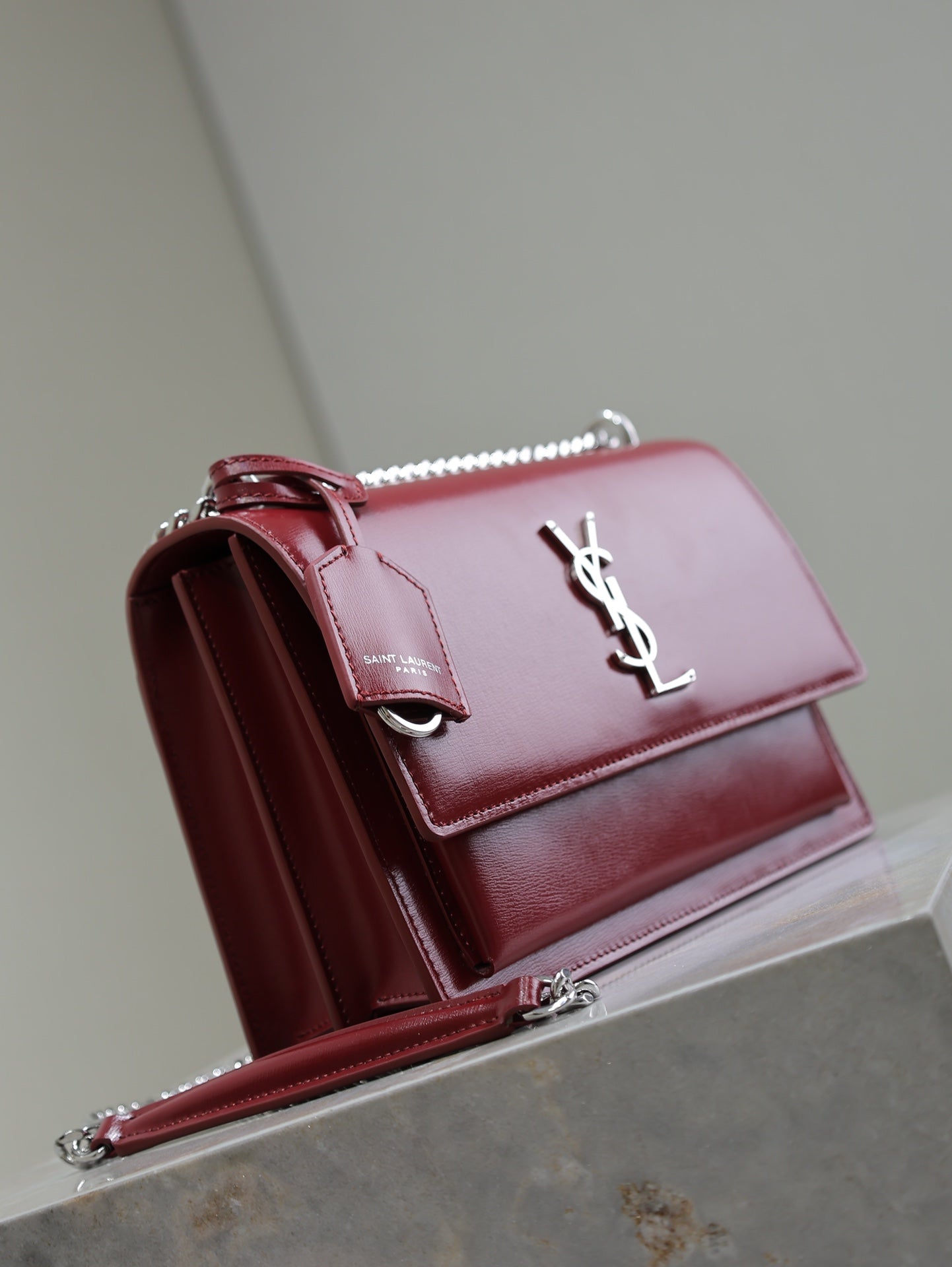 SAINT LAURENT YSL 25S SUNSET BAG 22 IN CRIMSON RED CALFSKIN SILVER HARDWRE