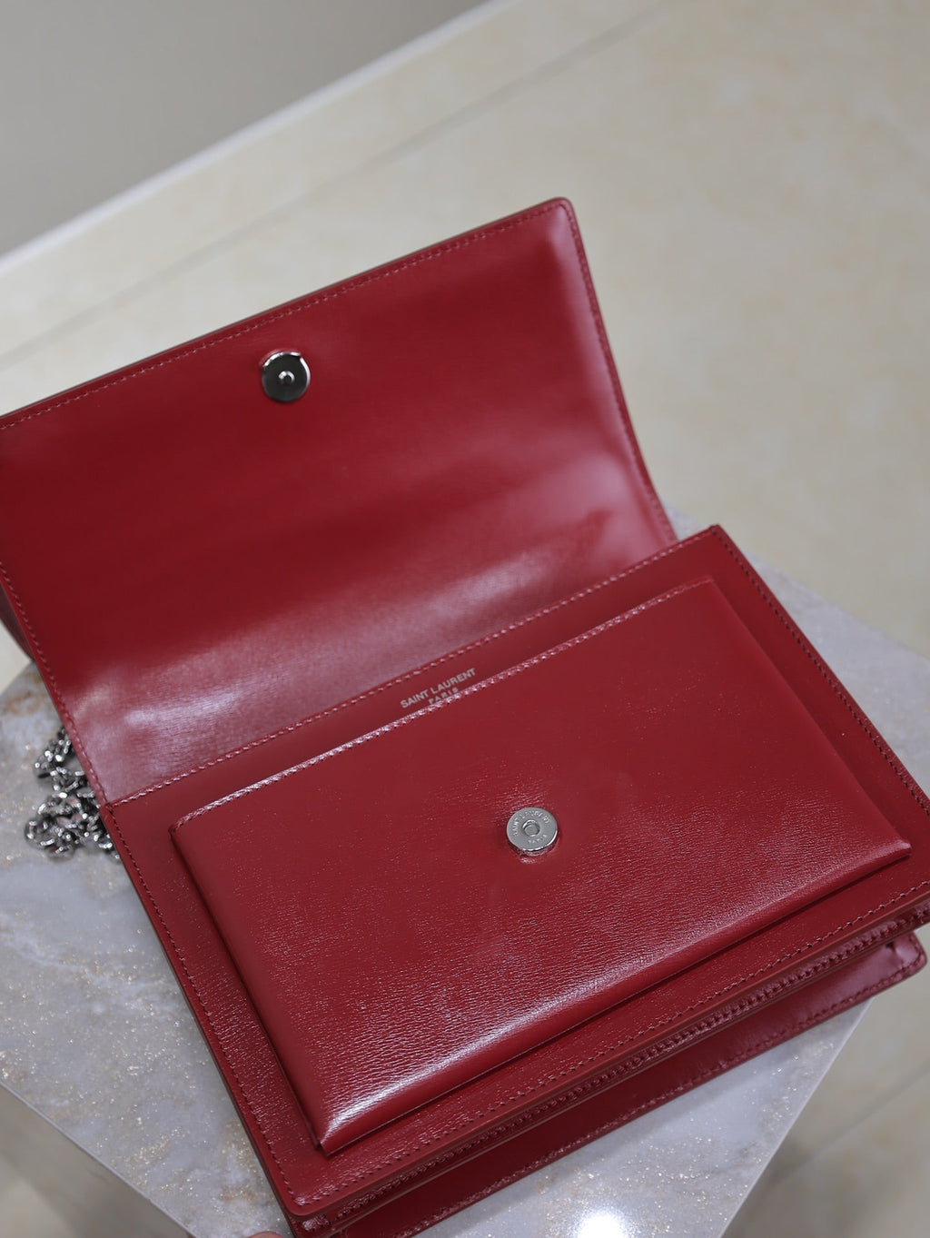 SAINT LAURENT YSL 25S SUNSET BAG 22 IN CRIMSON RED CALFSKIN SILVER HARDWRE