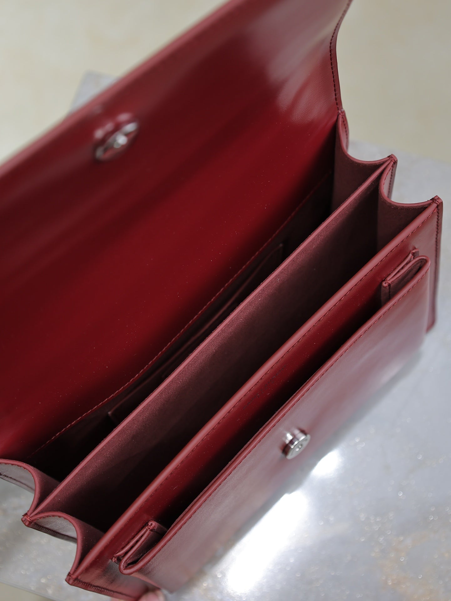 SAINT LAURENT YSL 25S SUNSET BAG 22 IN CRIMSON RED CALFSKIN SILVER HARDWRE