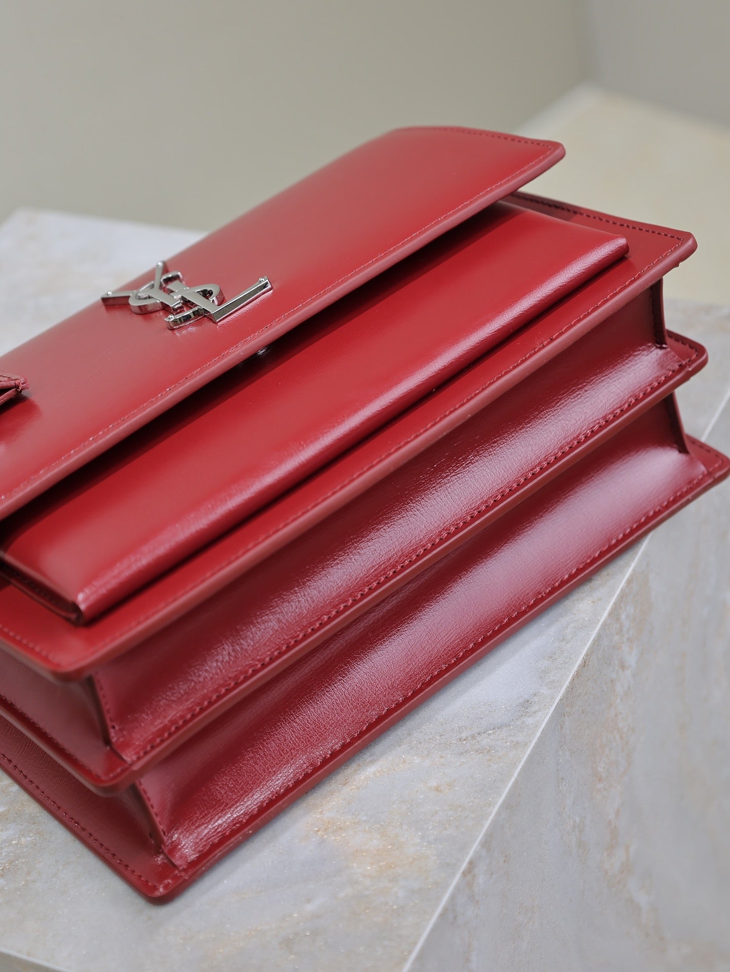 SAINT LAURENT YSL 25S SUNSET BAG 22 IN CRIMSON RED CALFSKIN SILVER HARDWRE