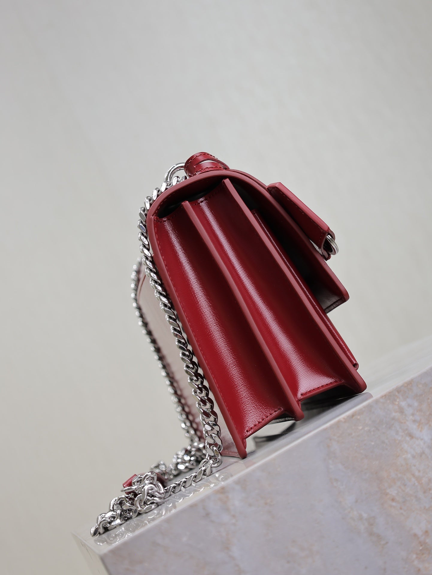 SAINT LAURENT YSL 25S SUNSET BAG 22 IN CRIMSON RED CALFSKIN SILVER HARDWRE