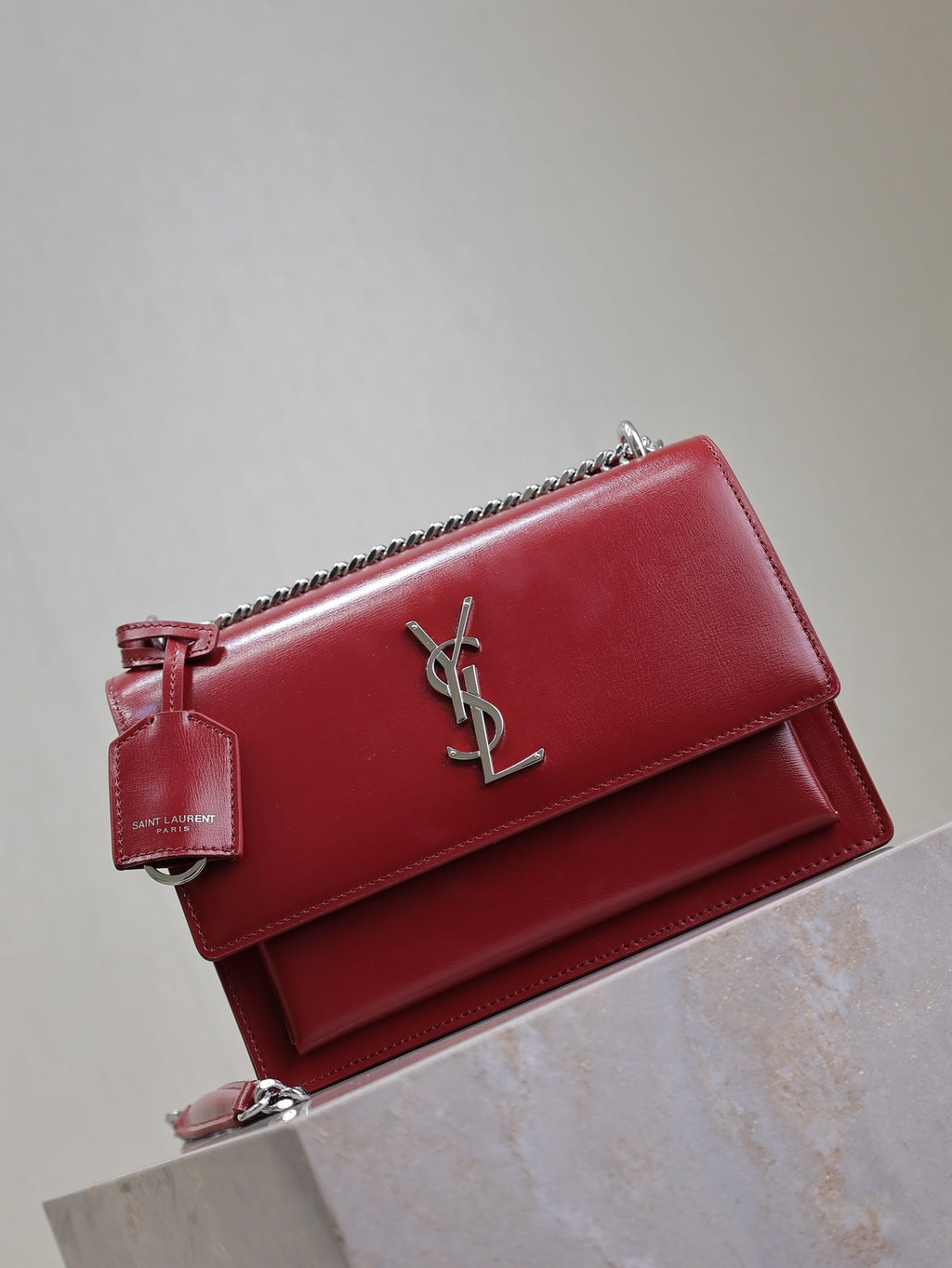 SAINT LAURENT YSL 25S SUNSET BAG 22 IN CRIMSON RED CALFSKIN SILVER HARDWARE