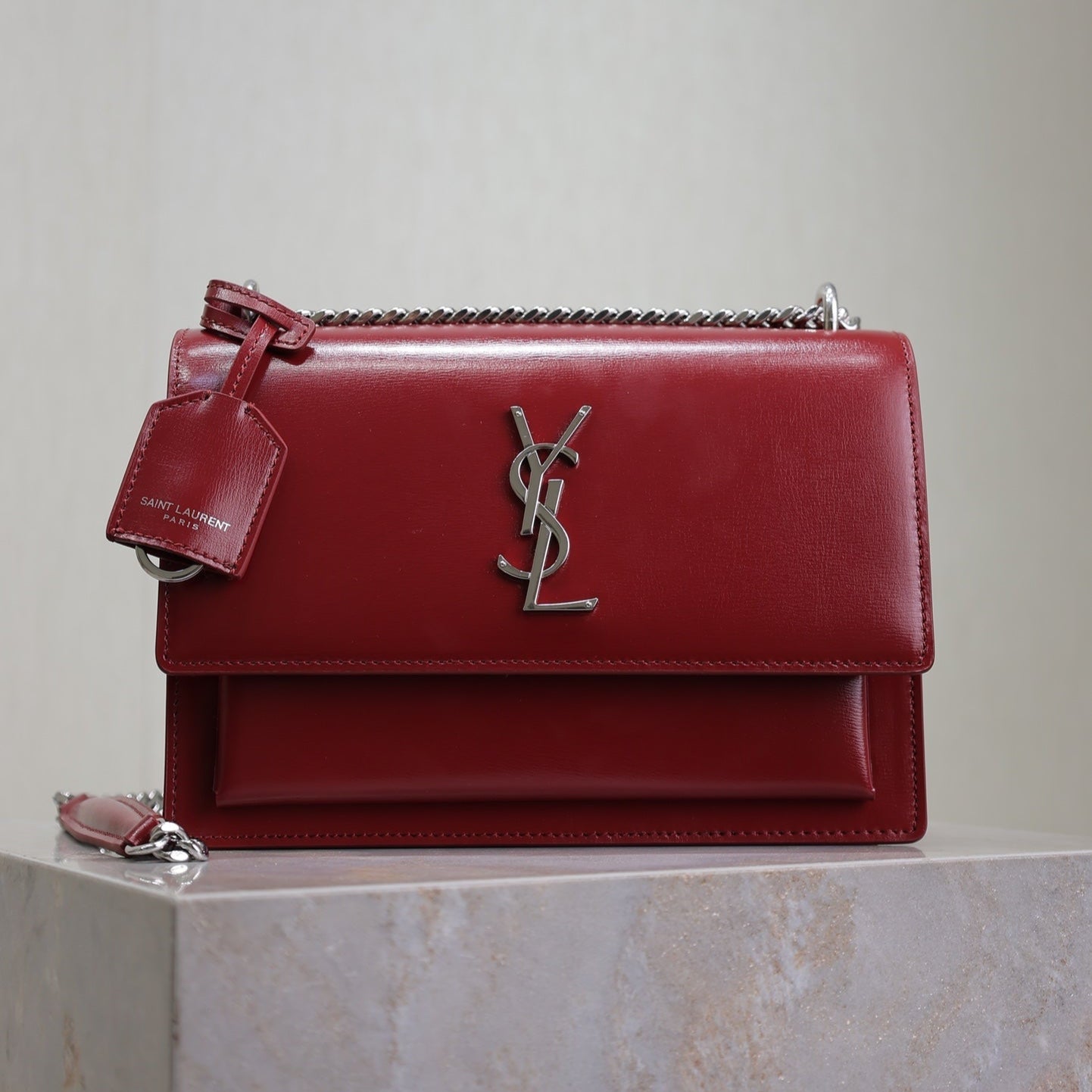 SAINT LAURENT YSL 25S SUNSET BAG 22 IN CRIMSON RED CALFSKIN SILVER HARDWRE