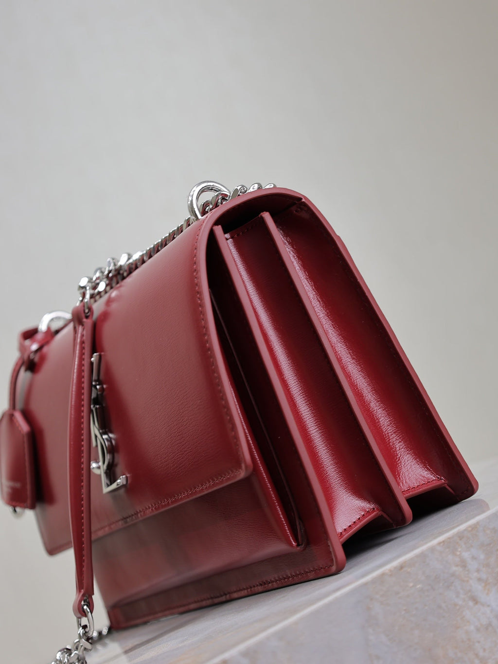 SAINT LAURENT YSL 25S SUNSET BAG 22 IN CRIMSON RED CALFSKIN SILVER HARDWRE