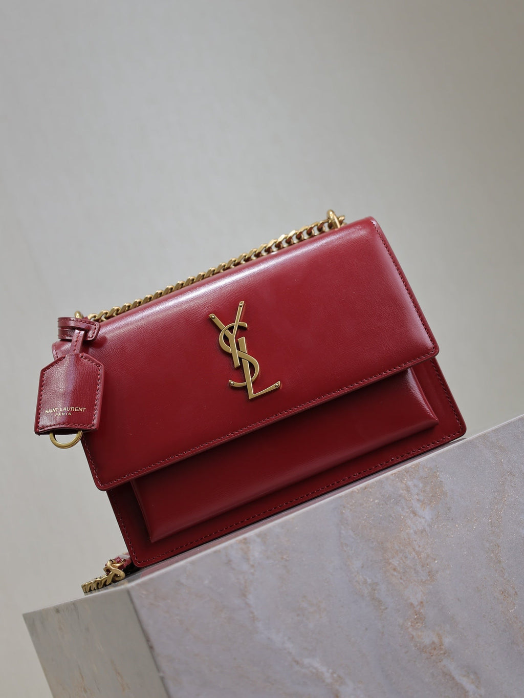 SAINT LAURENT YSL 25S SUNSET BAG 22 IN CRIMSON RED CALFSKIN GOLD HARDWRE