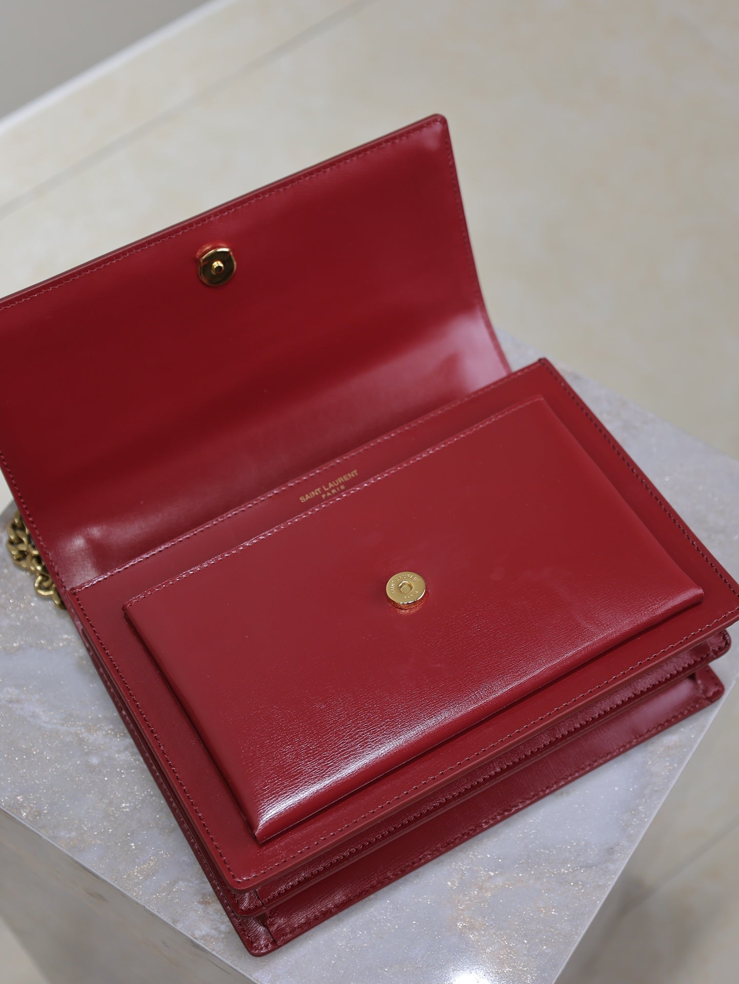 SAINT LAURENT YSL 25S SUNSET BAG 22 IN CRIMSON RED CALFSKIN GOLD HARDWRE