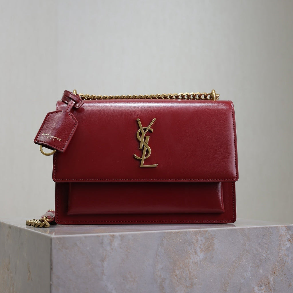 SAINT LAURENT YSL 25S SUNSET BAG 22 IN CRIMSON RED CALFSKIN GOLD HARDWRE